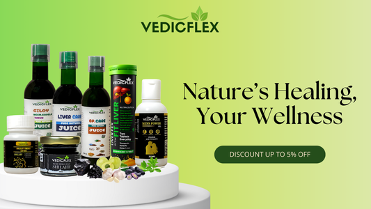 Vedicflex Ayurvedic products including Shilajit, juices, capsules, and oils displayed on a podium with the headline ‘Nature’s Healing, Your Wellness’ and a discount offer up to 5% off.