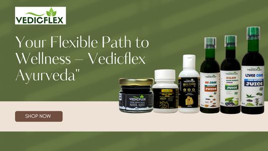Vedicflex Ayurveda herbal wellness products including Shilajit Resin, Shilajit Capsules, Men's Power Oil, BP Care Juice, Giloy Juice, and Liver Care Juice with the tagline 'Your Flexible Path to Wellness – Vedicflex Ayurveda' on a green background