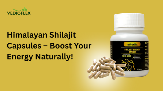 Vedicflex Himalayan Shilajit Energy Capsules bottle with scattered capsules on golden background – Natural stamina and energy booster, 60 capsules pack.