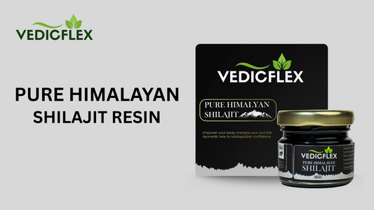 VedicFlex Pure Himalayan Shilajit Resin product display with packaging and glass jar featuring the tagline ‘Empower your body, energize your soul’ on a light grey background.