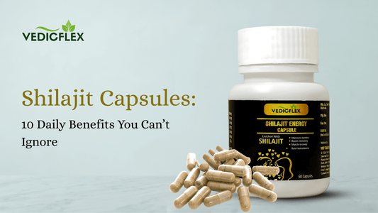 Vedicflex  Shilajit Capsules bottle with scattered capsules."