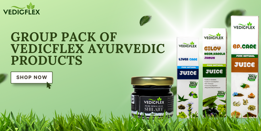 VedicFlex Ayurvedic Products Group Pack – Pure Himalayan Shilajit, Liver Care Juice, Giloy Neem Karela Jamun Juice, and BP Care Juice – 100% Natural Herbal Health Solutions
