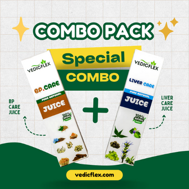 Vedicflex combo pack with juice packages on a checkered background
