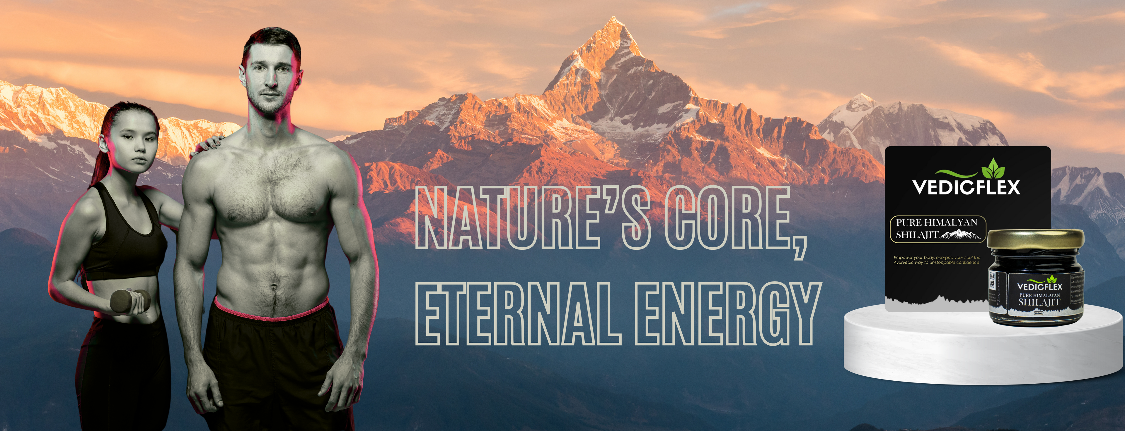 Two people in athletic wear with Vedic Flex products against a mountainous background