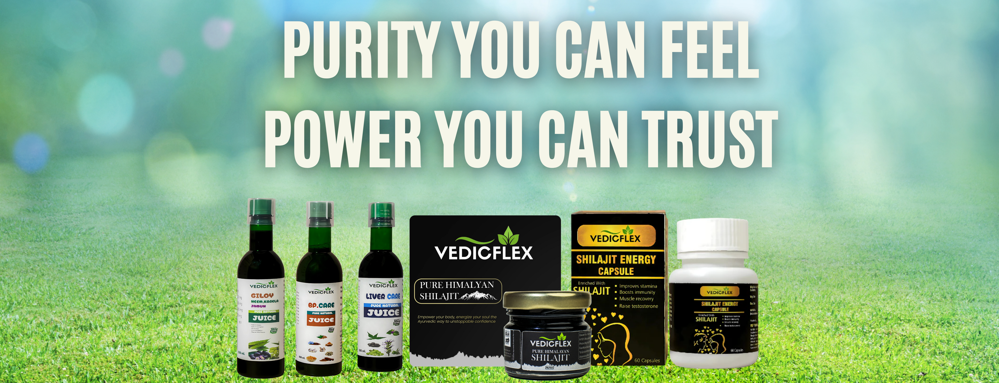 Vedic Flex products on a grassy background with text 'Purity You Can Feel, Power You Can Trust'.