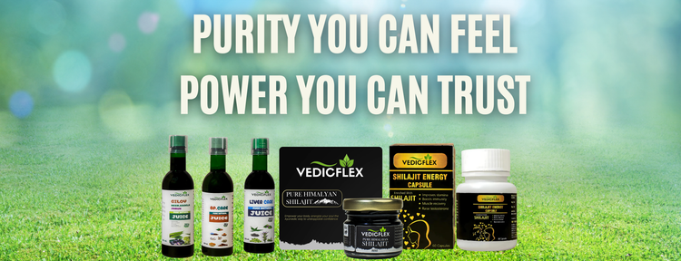 Vedic Flex products on a grassy background with text 'Purity You Can Feel, Power You Can Trust'.