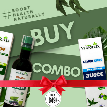 Vedicflex health product combo with a bottle and boxes on a green background with text 'Boost Health Naturally'.